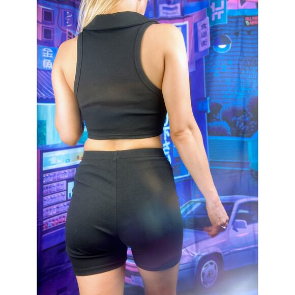 New Small Preppy Black Collared Halter Top Bike Short Set Outfit 2 piece Solid - Picture 3 of 3